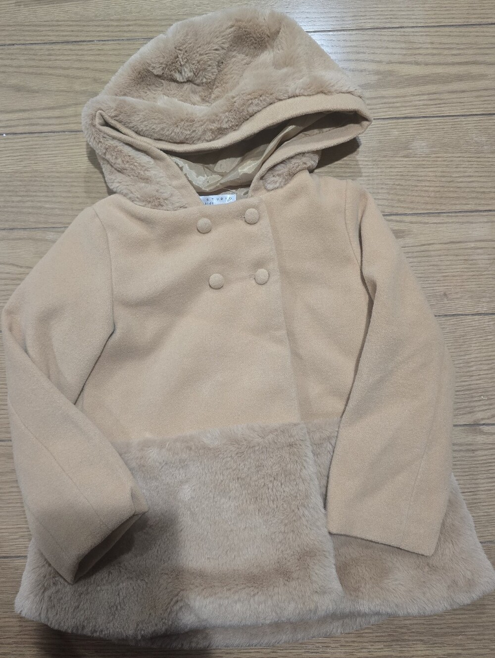 Max Studio Girls Tan Faux-Fur Trim Hooded Pea Coat